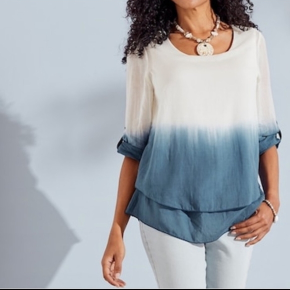 Chico's Tops - Chico's Color Block Tie Dye Navy White Top Blouse Tiered Size M